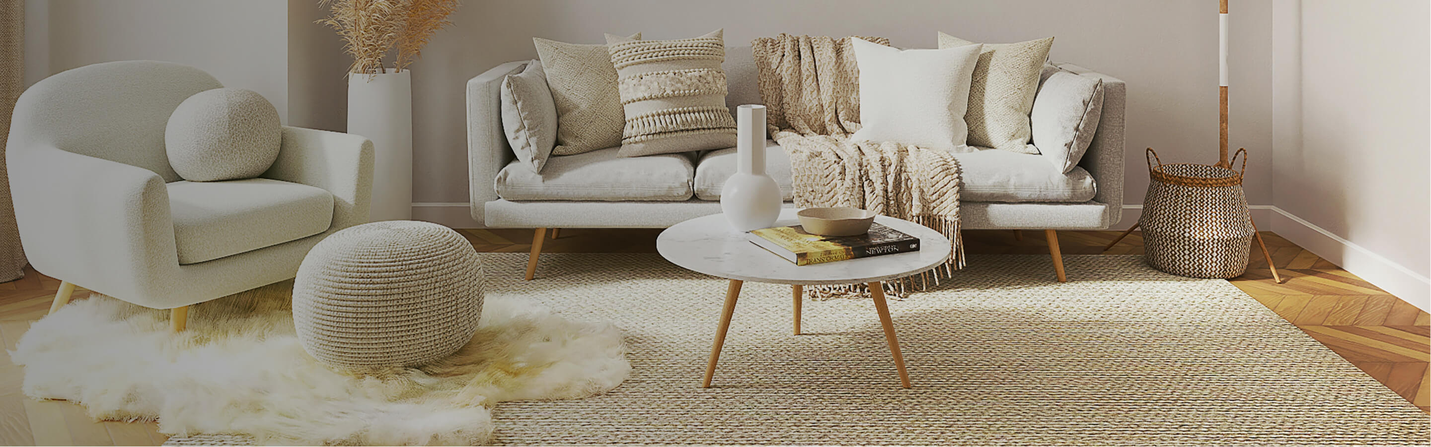 Beige living room with wicker accents. 